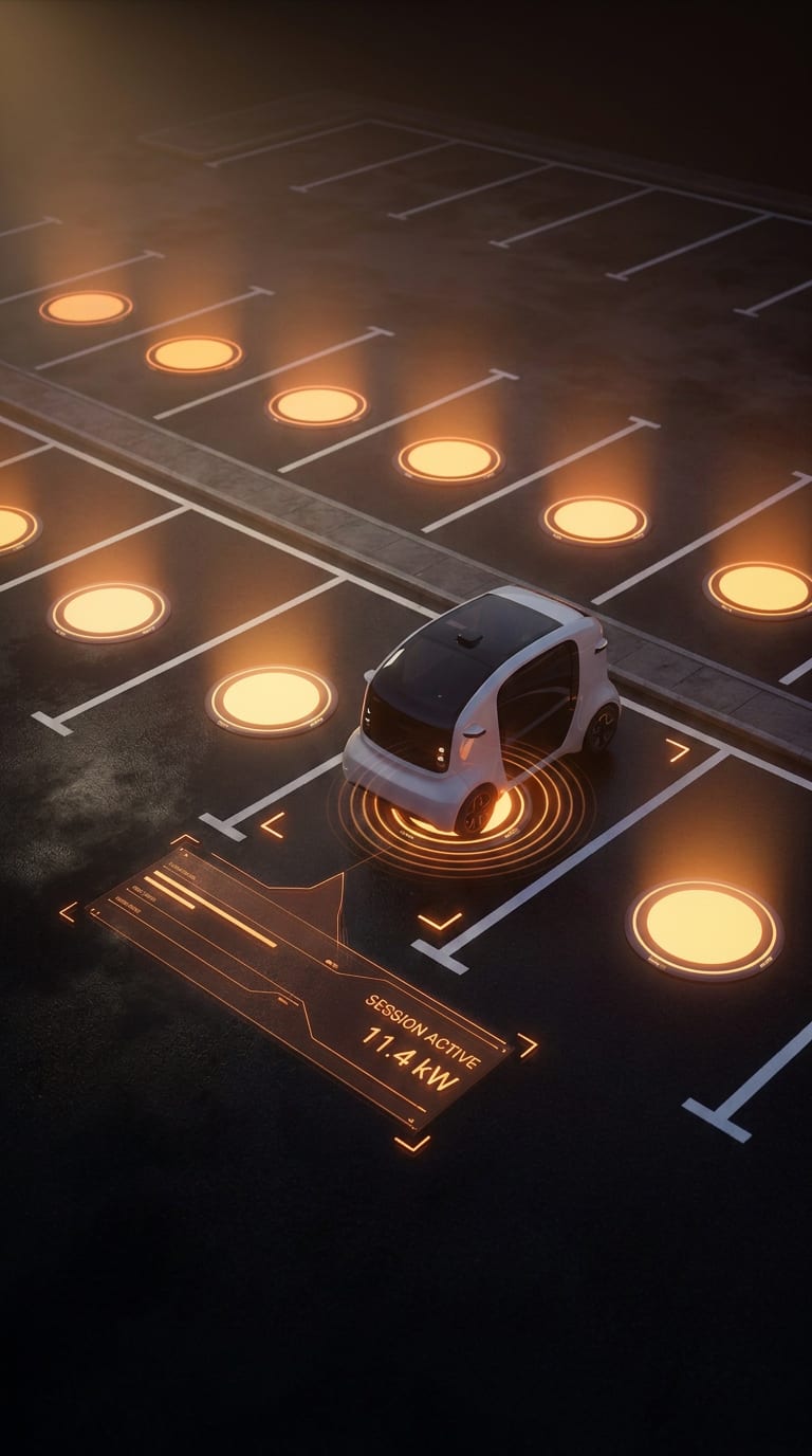 A dark parking lot at night where above-ground circular charging pads glow amber on the surface, with an electric vehicle charging on an active pad surrounded by wireless energy rings and a heads-up display
